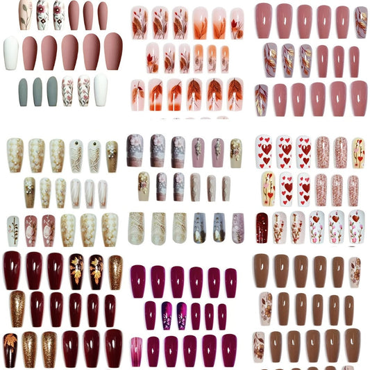 Flower Maple Press On Nails 216pcs Ballet Middle Length 9 Packs – Mixed Color Glossy Full Cover False Nails with Jelly Adhesive & Nail File | Seasonal Fashion Kit for Women & Girls