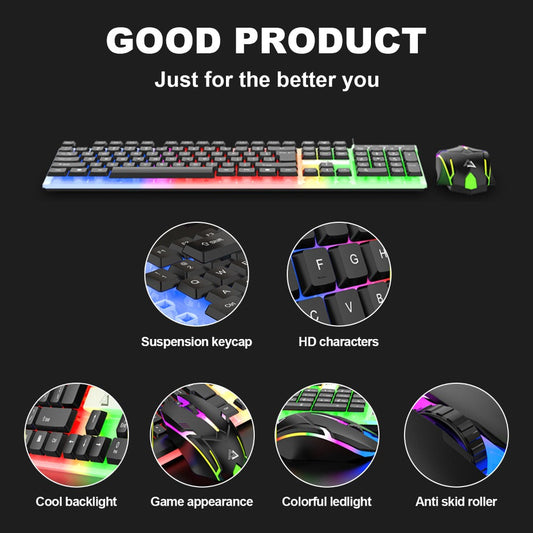 Wired USB RGB Gaming Keyboard and Mouse Combo 104 Keys Backlit Mechanical Feel 1000 DPI Optical Mouse for PC Desktop Laptop Windows Mac Linux Gamer Black White
