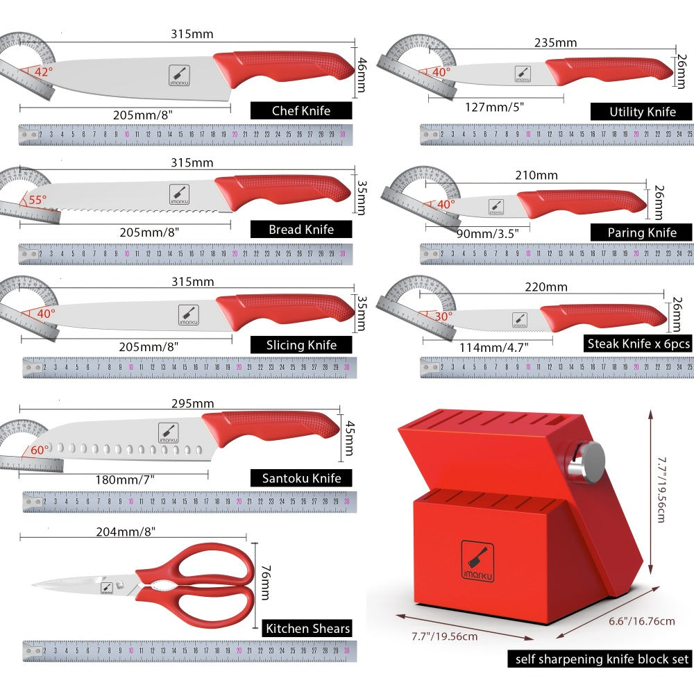 14-Piece Kitchen Knife Set with Japanese 420 Stainless Steel Label, Red Handles, Scissors and Sharpening Block