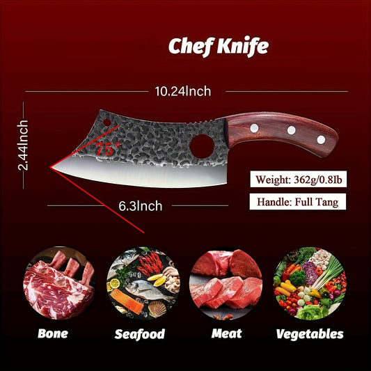 Chef Knife Hand Forged | High-Carbon Steel Viking Cleaver Full Tang Oak Handle with Sheath | BBQ Camping Meat Cutting Kitchen Knife Gift for Men Women