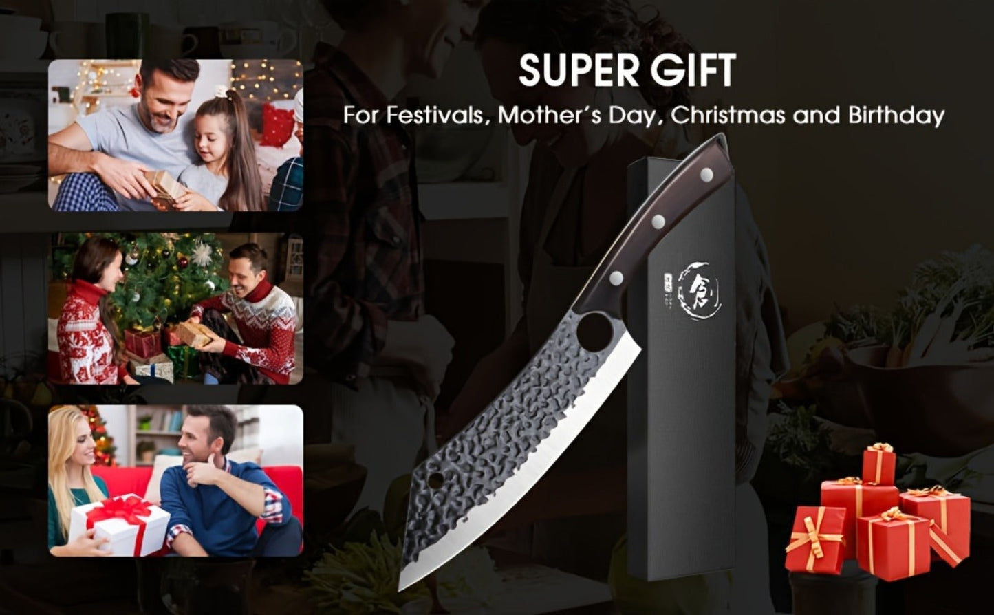 Wide 8-Inch Cleaver-Style Kitchen Knife with Finger Hole, Hammered-Look Blade and Wood-Tone Handle