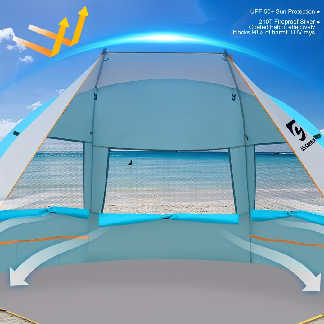 Three-Window Beach Sun Shelter with Extended Floor, 12 Stakes and Green or Blue Options Pictured