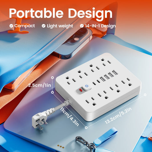 Power Strip 14-in-1 Flat-Plug Surge Protector with 8 AC Outlets, 4 USB-A, 2 USB-C and Black or White Finish
