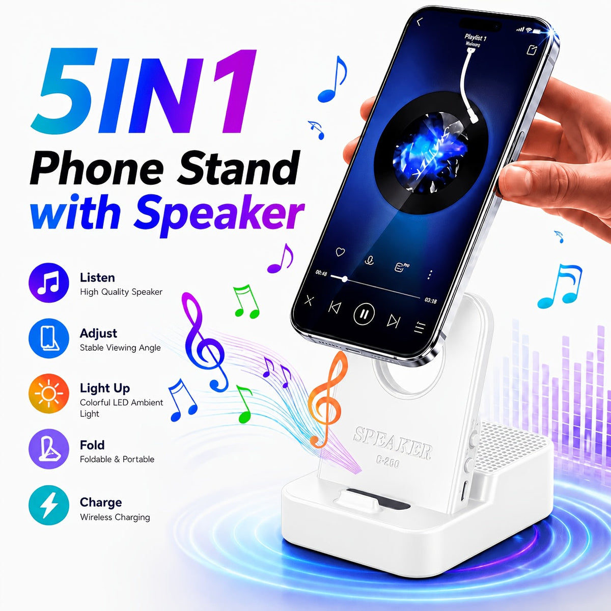 Magnetic Wireless Speaker Stand with Emergency Charging, 360° Adjustable Foldable Phone Holder, Portable Bluetooth Speaker