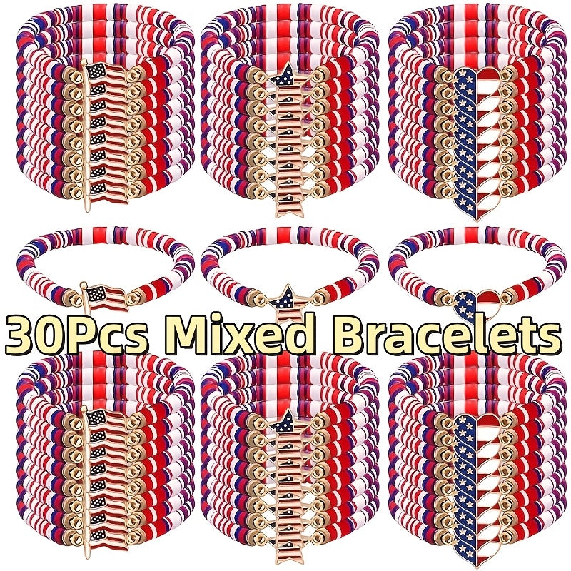 Beaded Bracelet - Patriotic Stretch Bulk Red White Blue Polymer Clay Bead Bohemian Retro - product detail view 9