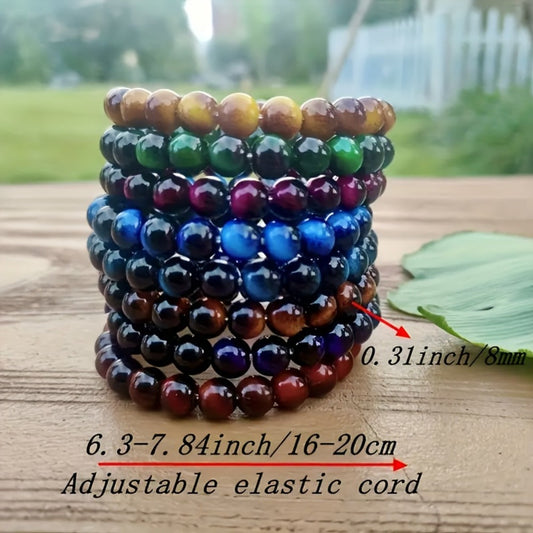 Beaded Bracelet - Tiger Eye Stone Set 8Pcs - 8mm Handmade Natural Stone , Multicolor Boho - product detail view 2