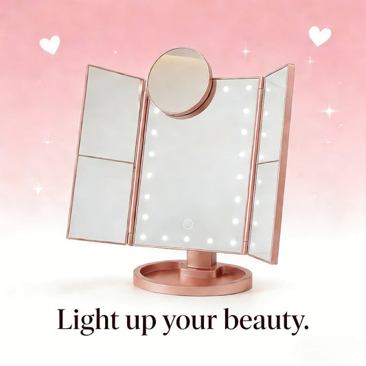 Vanity Mirror with Lights Tri-Fold 21 LED Lighted Makeup Mirror Touch Control 1X 2X 3X 10X Magnification 360 Rotation Dual Power Tabletop Trifold Mirror for Women Gift White Rose Gold