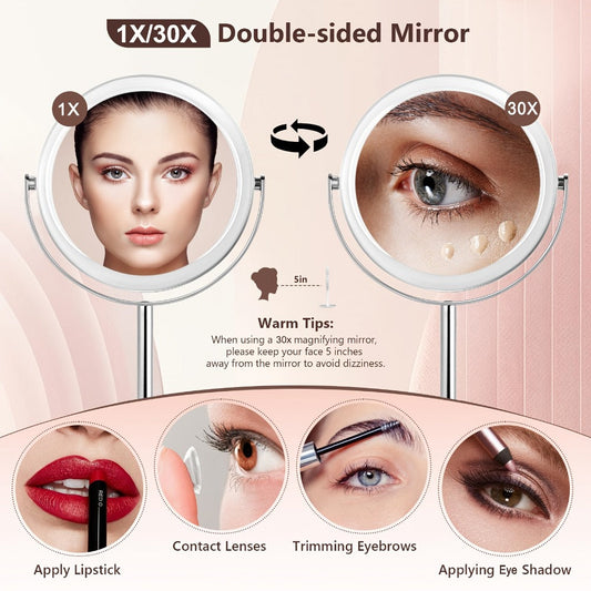 Makeup Mirror Dual-Sided 1X and 30X Round Chrome-Finish Stand with 360° Rotation and Detachable Frame