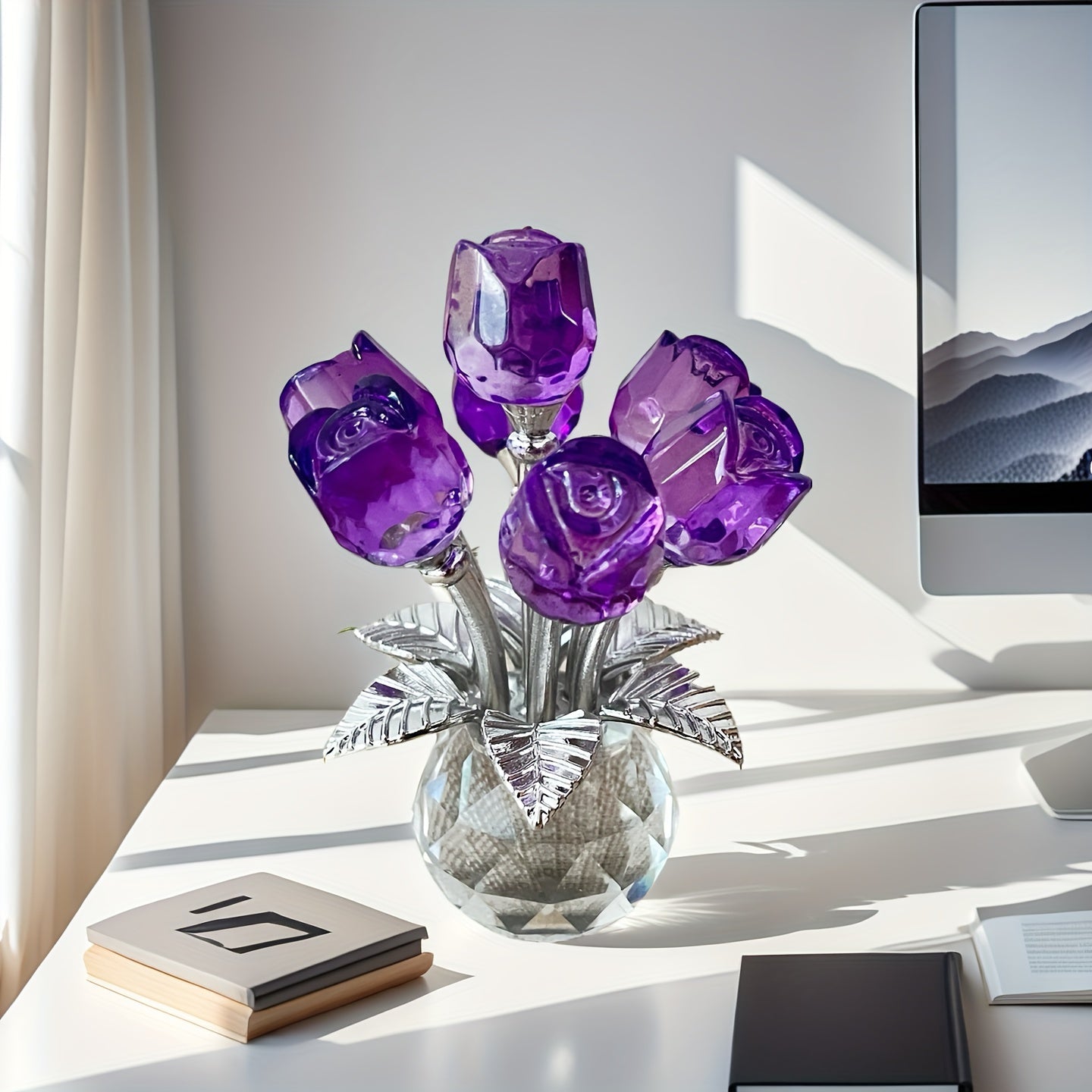 Glass Rose Floral Sculpture in Blue or Purple with Five Faceted Blooms and Silver-Tone Leaves for Display