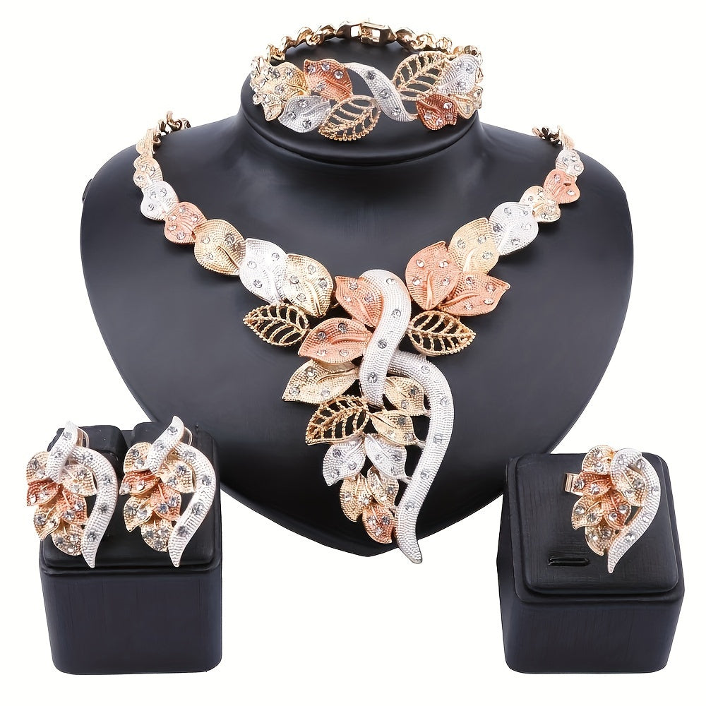 Bridal Jewelry Set - Rhinestone 4 Pieces Necklace Earrings Bracelet Ring for Women Elegant - product detail view 12