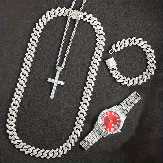 Bridal Jewelry Set - Rhinestone Watch & Cross Pendant 4-Piece for Men & Women 5A Crystal Quartz - product detail view 2