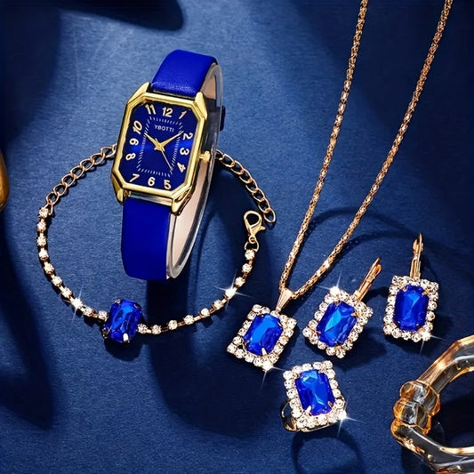 Bridal Jewelry Set - Women's Watch & 6pcs PU Leather Quartz Watch with Matching Bracelet, Ring - product detail view 2