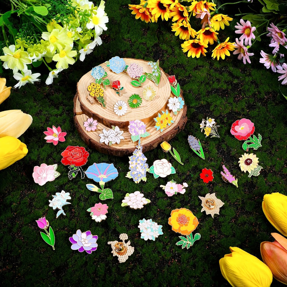 Brooch Pin - Flower Enamel 40pcs Floral Lapel Set Rose Sunflower Tulip Lily Hydrangea - product detail view 5