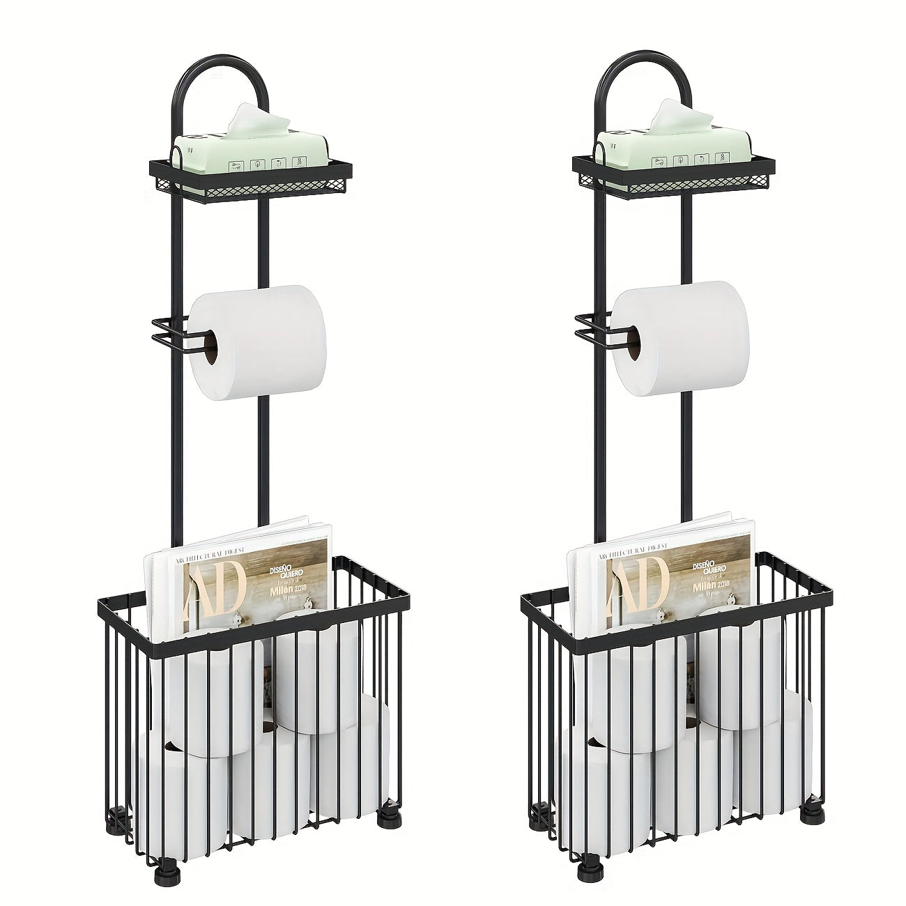 Freestanding Toilet Paper Holder with Rectangular Six-Roll Storage Basket, Upper Shelf and Pack Options