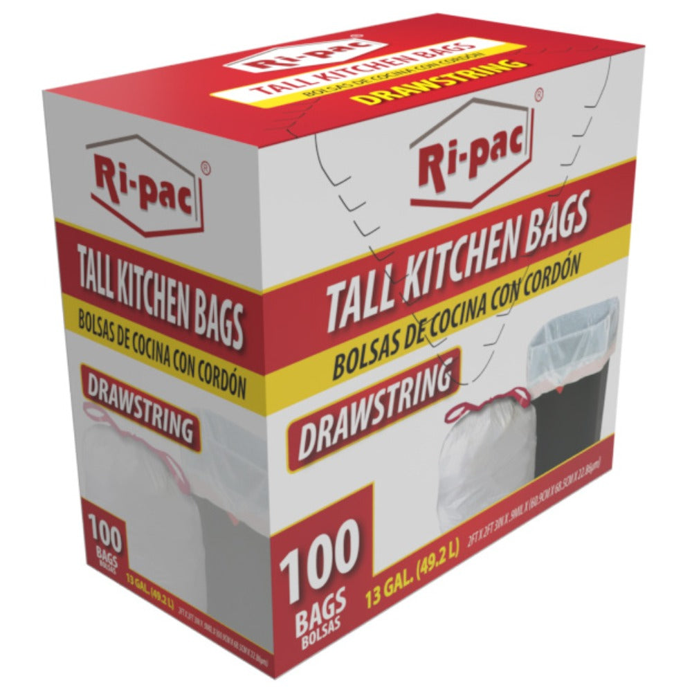 White Drawstring Kitchen Trash Bags, 13-Gallon 100-Count Pack with Two Exact Checkout Label Options