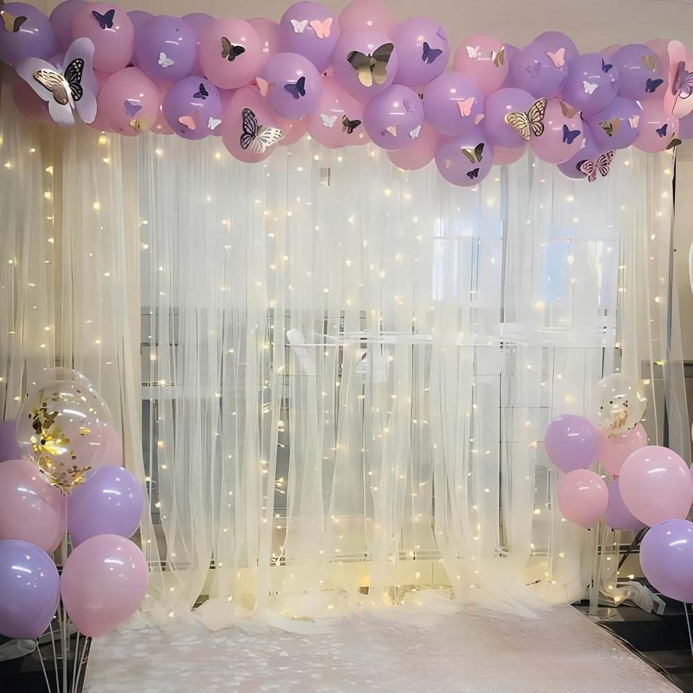 White Sheer Photography Backdrop Set with Two 5.2 x 10 ft Panels, USB String Lights and 10 Clips