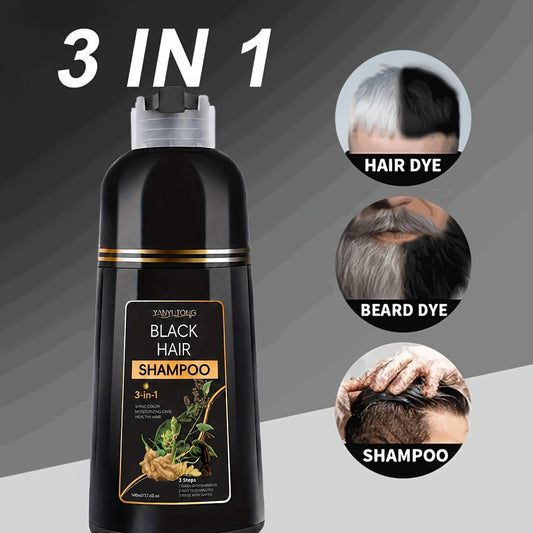Gray Hair Coverage Shampoo 3-in-1 Black Hair Dye — Herbal Plant-Based Formula Dyes Cleanses & Conditions in One Wash, Moisturizing Nourishing Fast Color Results for Men & Women, 500ml (16.91oz)