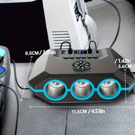 Car Cigarette Lighter Splitter 3-Socket 120W Power Outlet Adapter | QC3.0 + PD USB Ports | 12V/24V Voltage Monitor Independent Switch Car Charger Hub for SUV Truck RV Multi-Device Charging