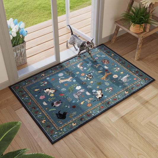 Boho Cat Floral Area Rug – Vintage Blue Animal Print Low Pile Carpet, Non-Slip Soft Rug for Living Room, Bedroom & Dining Room, Round & Runner Sizes, Easy Clean