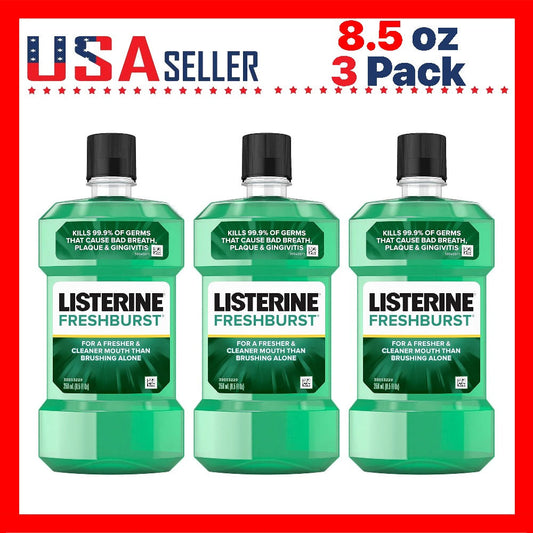 Listerine Mouthwash Fresh Burst 250ml - 3 Pack Travel Size Oral Rinse for Long-Lasting Fresh Breath, Deep Clean, Plaque Reduction, Daily Mouth Care for Men & Women