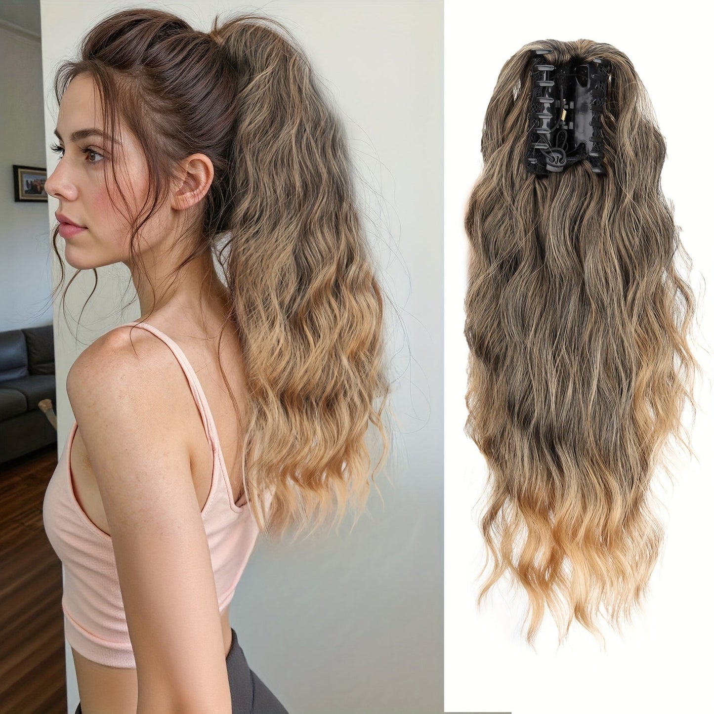 Hair Extensions Water-Wave 16-Inch Synthetic Ponytail with Claw Clip and Eight Color Options for Quick Attachment