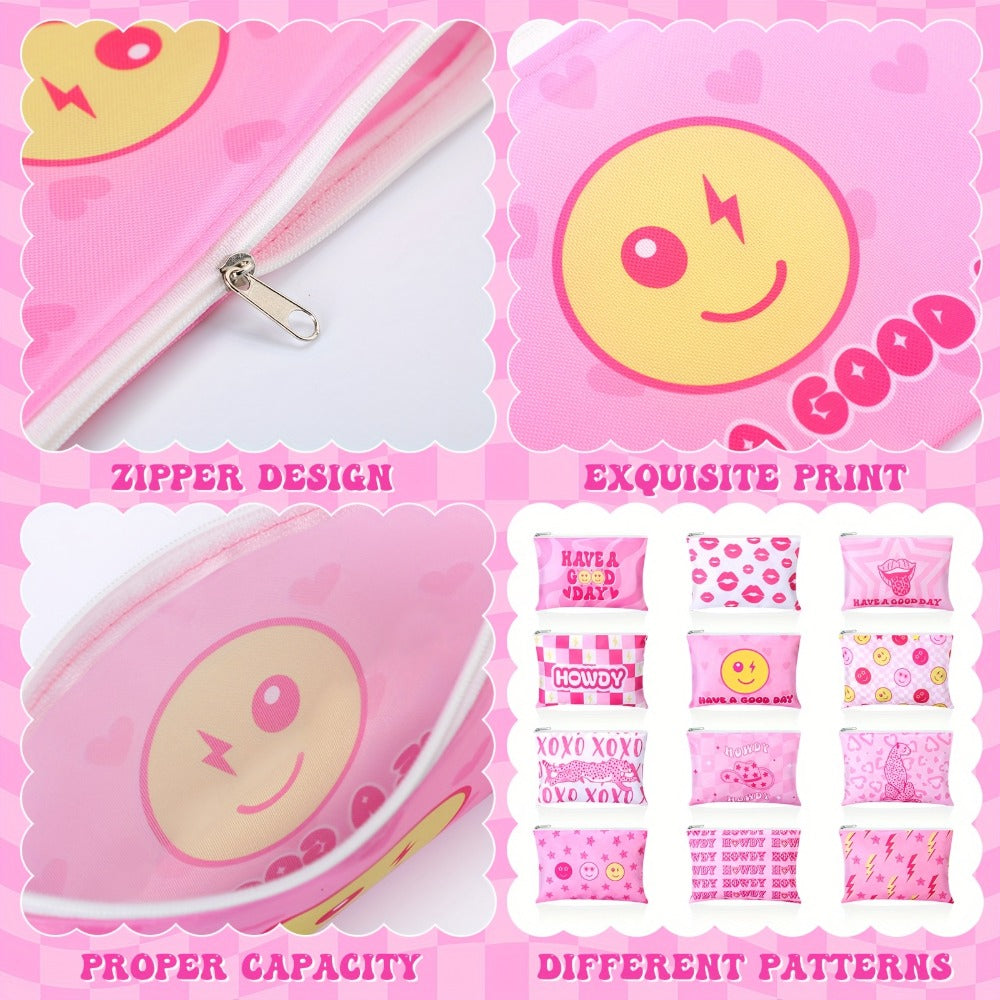 Bulk 24-Piece Pink Cosmetic Pouch Set with Mixed Western-Style Prints and Top Zipper Closures