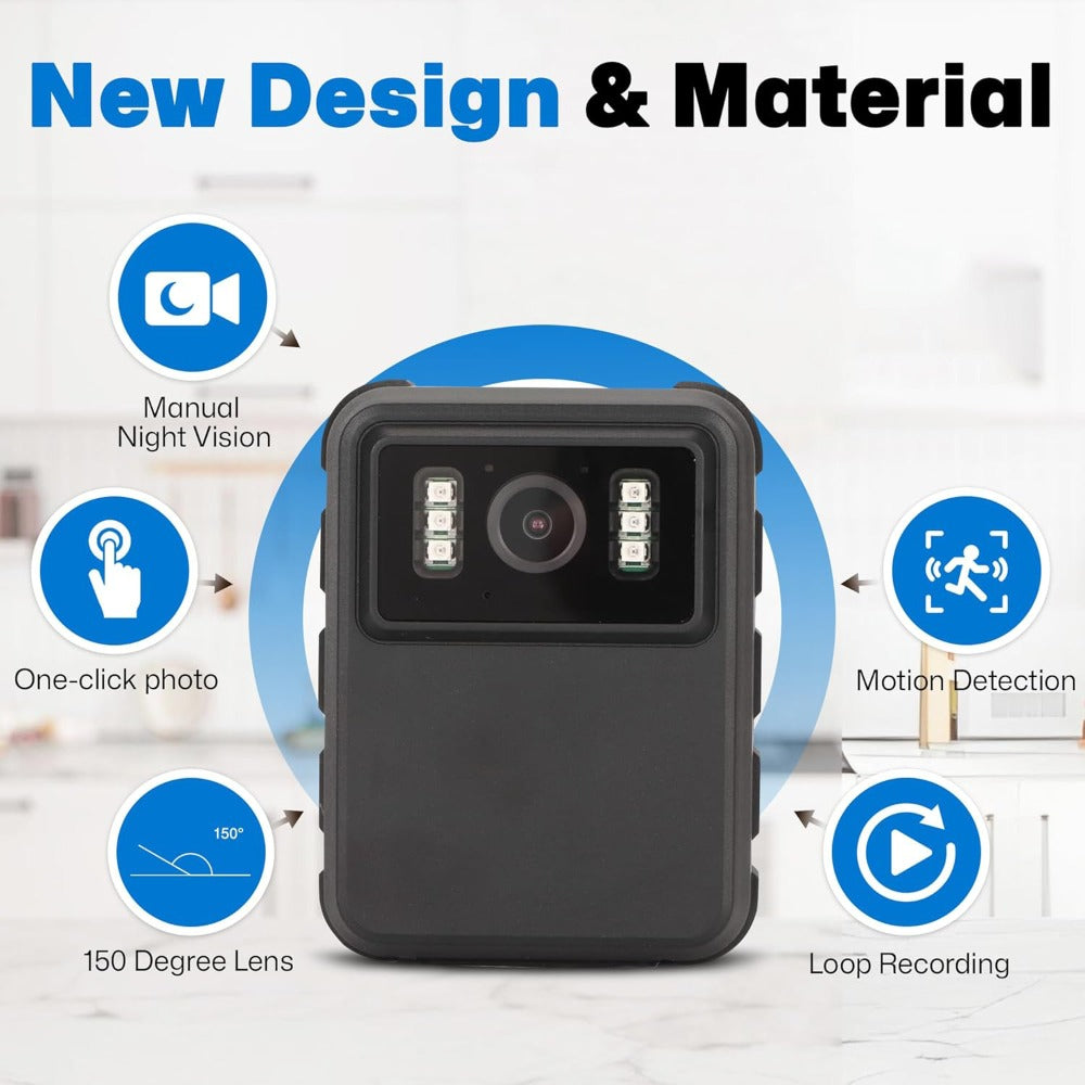 HD Clip-On Body Camera in Black with 150-Degree Lens Marking, 2-Inch Screen, 1800mAh Battery and Type-C Charging
