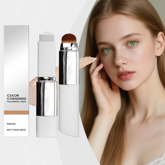 Skin Tone Adapting Color-Changing Foundation Stick 2-Piece with Built-In Brush & Puff — Lightweight Matte Finish Sheer to Buildable Coverage Everyday Makeup for Women Ivory White Natural & Dark Skin