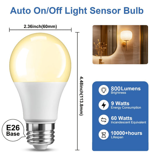 Dusk to Dawn LED Bulb 4-Pack Auto On Off Light Sensor – 9W 60W Equivalent, 2700K Warm White, E26 Base | Outdoor Porch, Garage, Pathway & Indoor Security Lighting