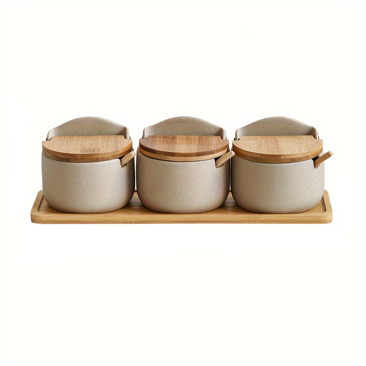 Ceramic-Style Seasoning Pot Set with Lids, Spoons and Tray in One-, Two- or Three-Piece Configurations