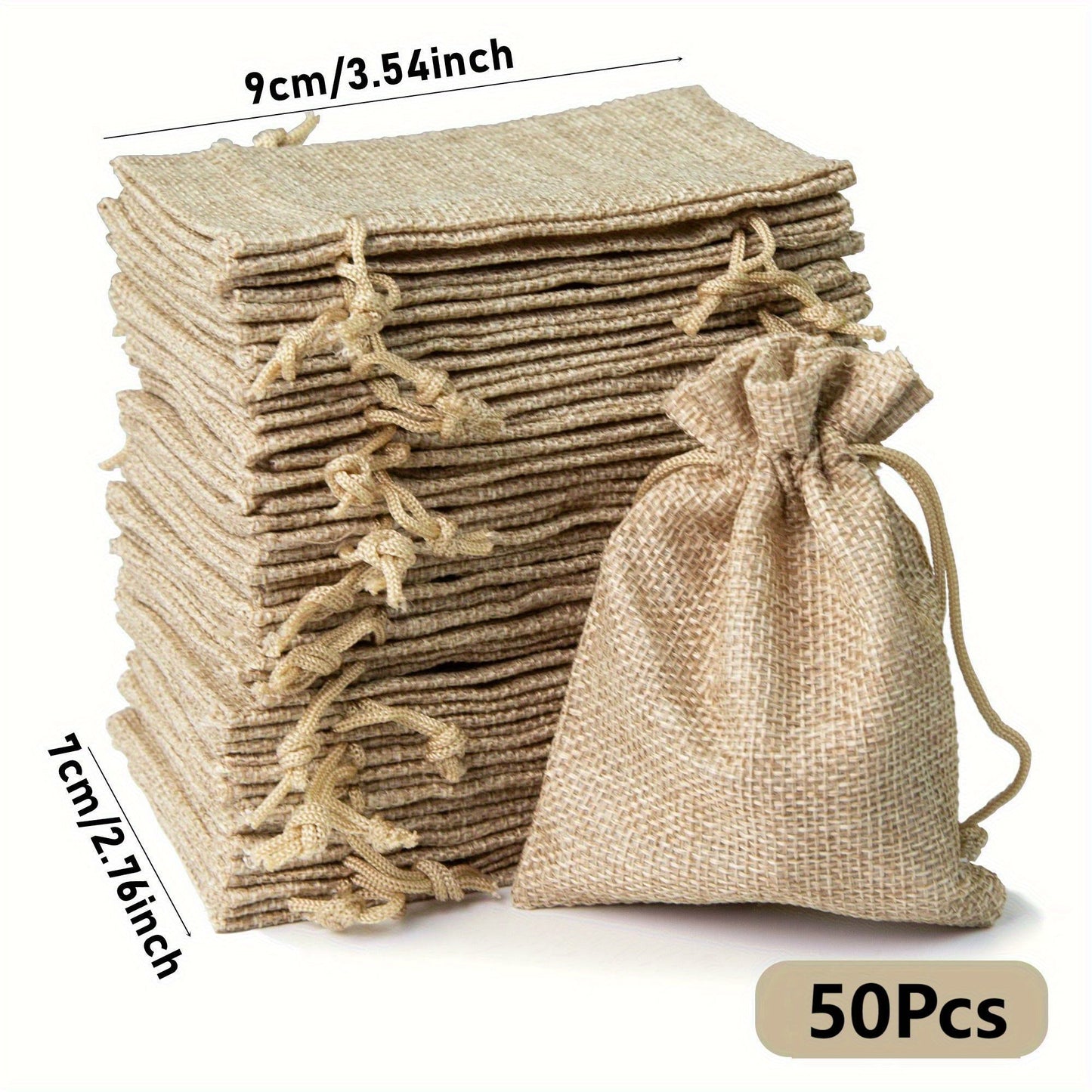 Natural Jute Drawstring Gift Bags, 50-Piece Set in 2.76 x 3.54 or 3.54 x 4.72 Inch Sizes for Favors and Small Gifts
