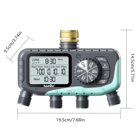 Garden Irrigation System 4-Zone, Automatic Watering Controller with Brass Head, Manual & Rain Delay Modes