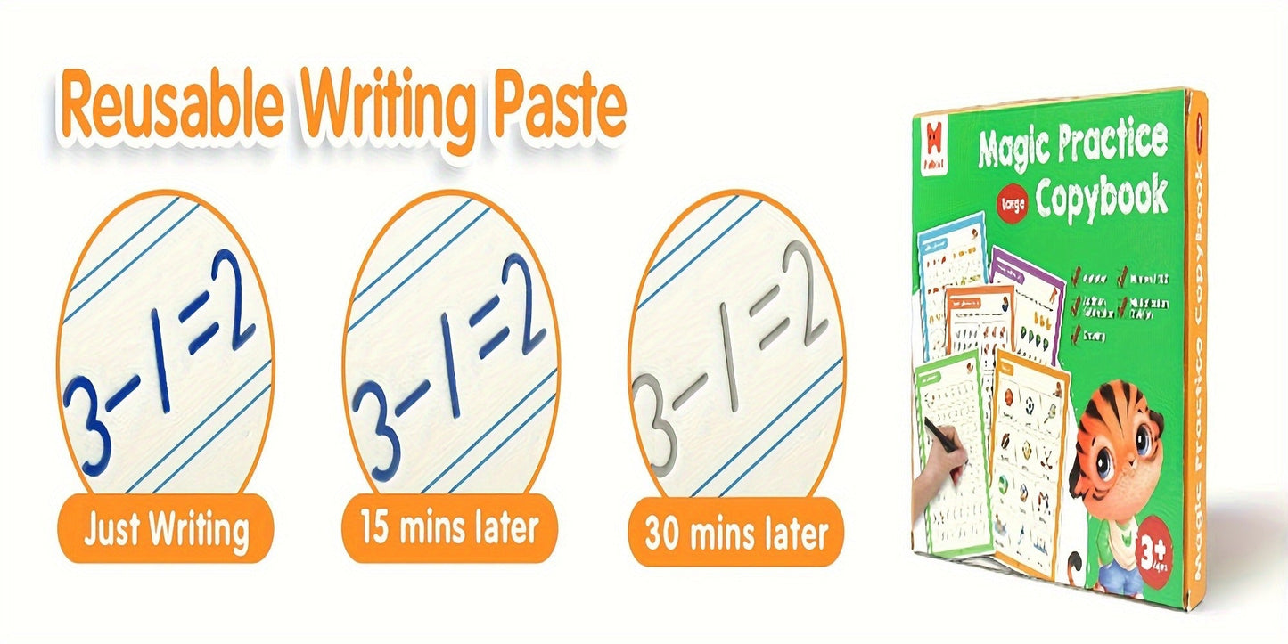 Magic Grooved Handwriting Practice Book for Kids Ages 3-8 — Reusable 5-in-1 Tracing Workbook for Letters Numbers Drawing Math, 3D Groove Pen Control Training with Grip Aids, 10.2×7.3 In