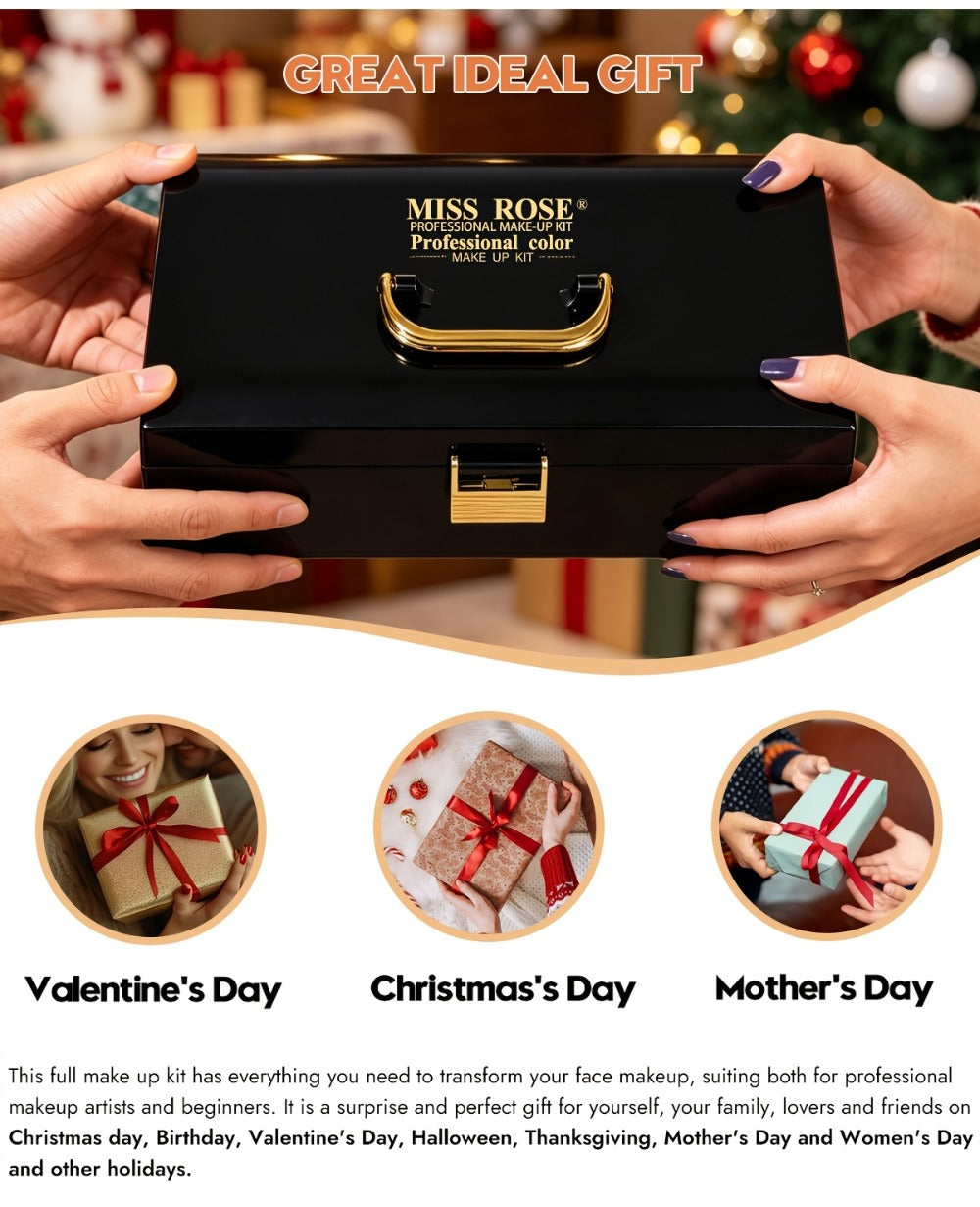 Makeup Kit 58-Color Black Mirror Case with Sliding Trays for Face, Eye and Lip Cosmetics plus Application Tools