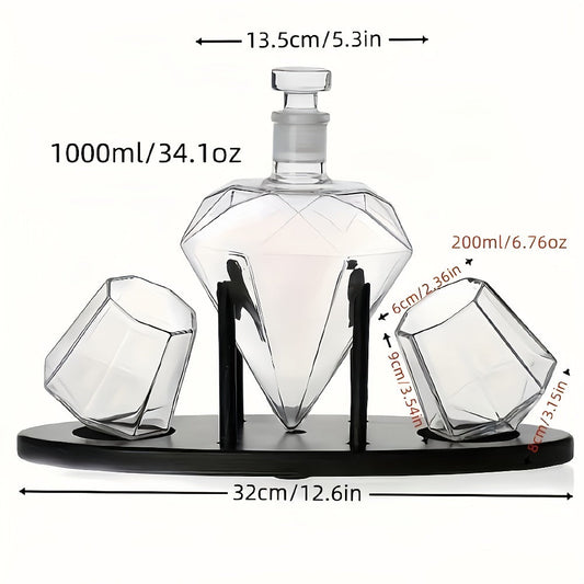 Whiskey Decanter Set with 2 Diamond Glasses & Wooden Rack | Brick Stone Design – Bourbon Rum Vodka Tequila Gift Set for Men Home Bar