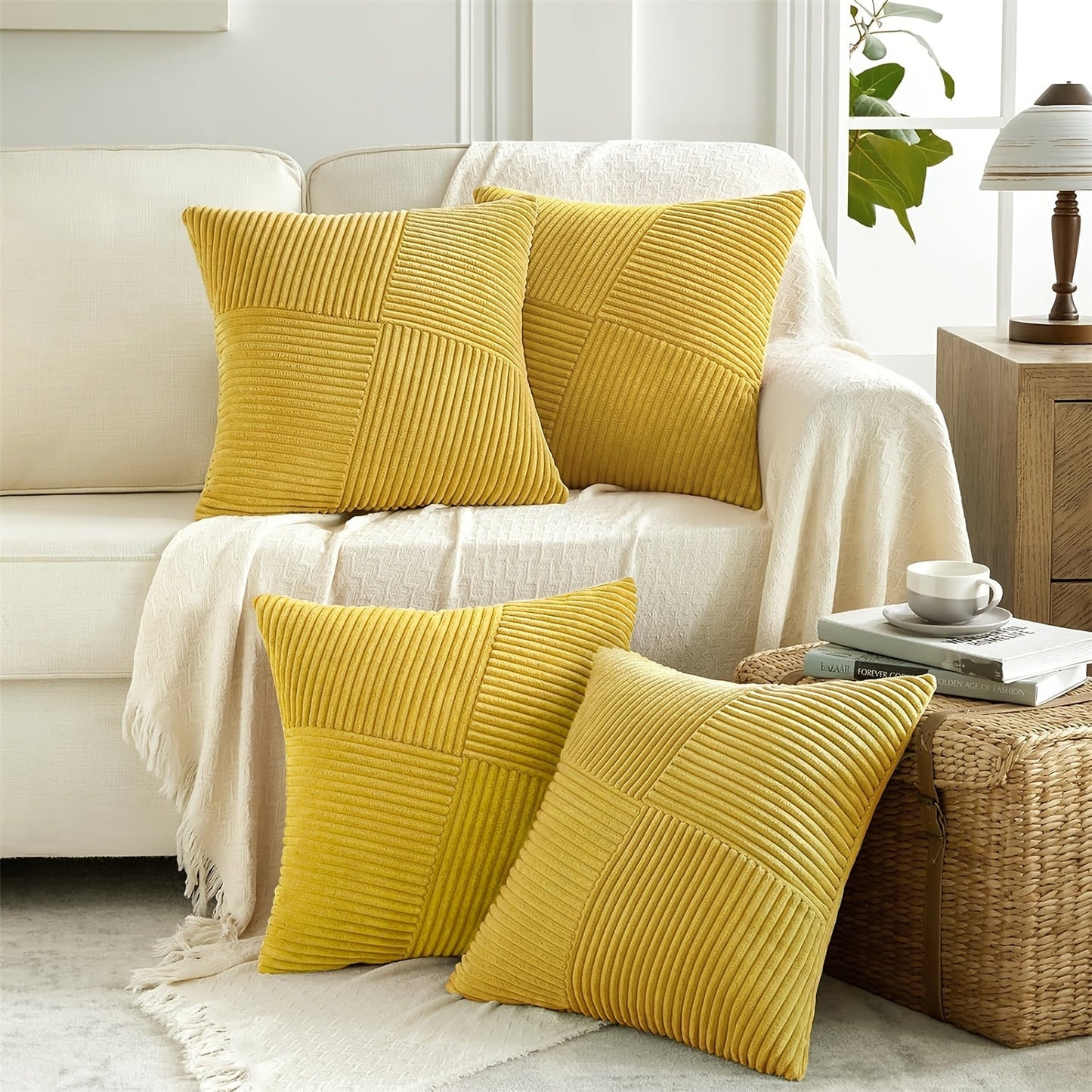 Four-Piece Corduroy Pillow Cover Set, 18 x 18 Inches with Striped, Panel and Pinwheel Textures