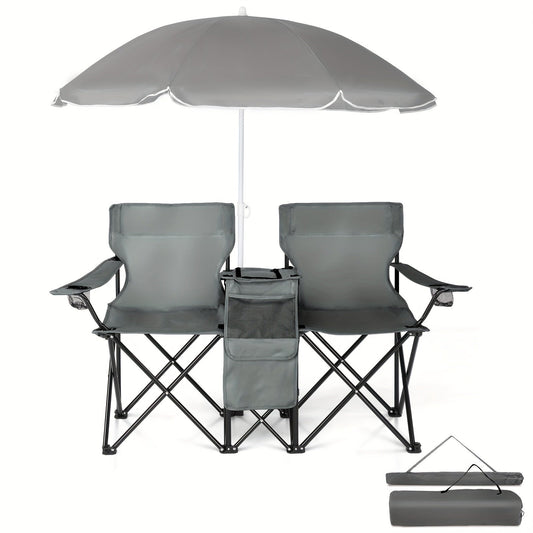 Portable Folding Chair with Removable Sun Umbrella - 2-Seat Outdoor Foldable Chair, Steel Frame Oxford Fabric, Lightweight Sun Shade Seat for Fishing Beach Camping Sunbathing Outdoor Activities