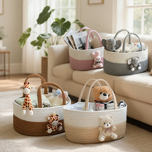 Cute Animal Woven Storage Basket – Decorative Desktop Organizer for Remote Controls, Toys, Stationery & Small Items – Bear, Bunny, Elephant & Giraffe Styles for Home, Nursery & Gift