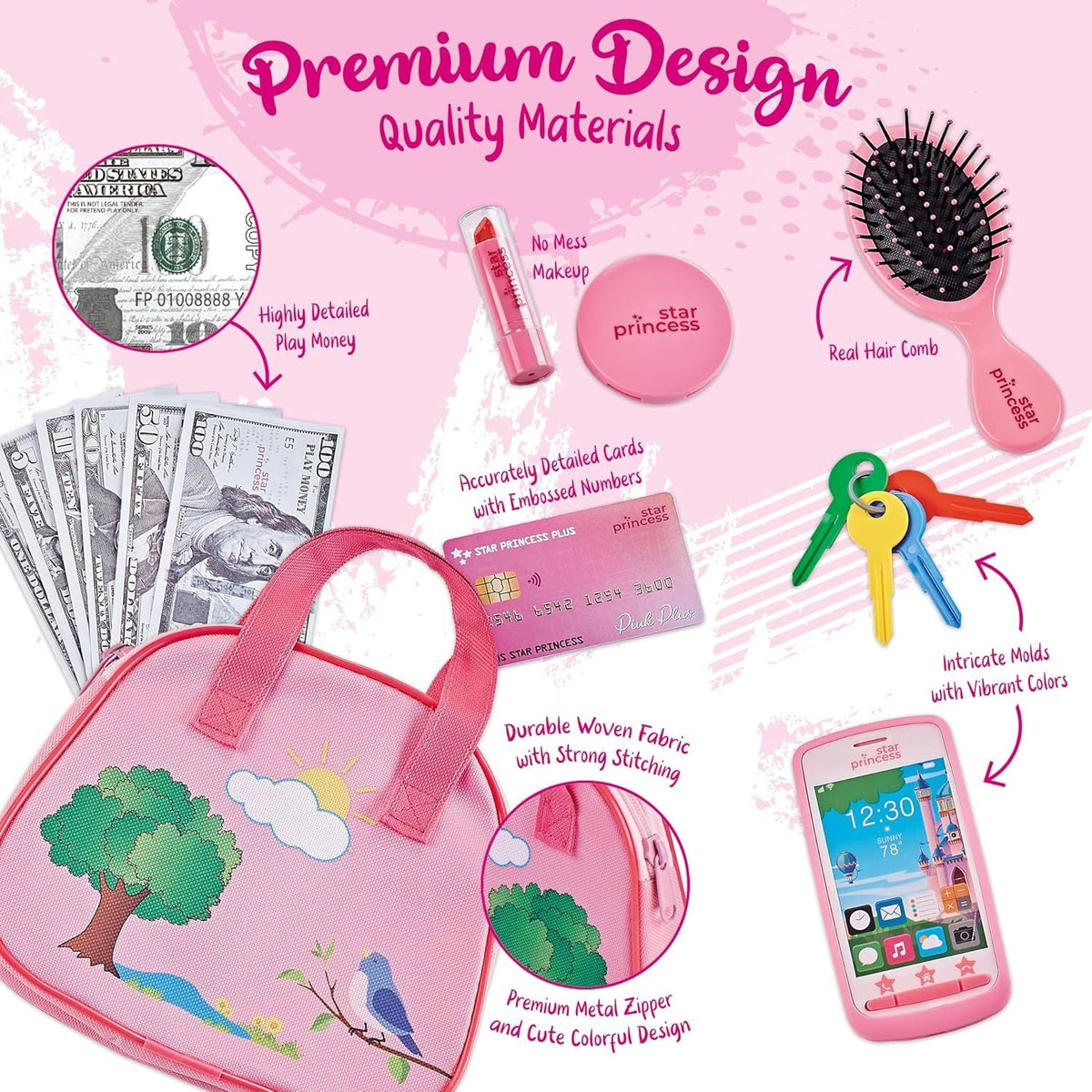 Girls Play Purse Set with Accessories 9pcs, Pretend Makeup, Toy Keys, Fake Phone & Credit Card, Toddler Dress Up Handbag Role Play Toy