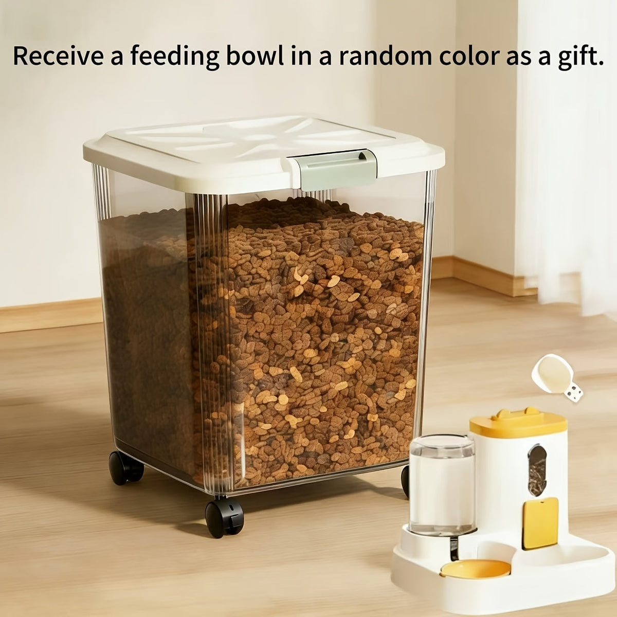 Transparent Rolling Pet Food Bin with Scoop and 11lb, 22lb or 33lb Capacity-Labeled Options