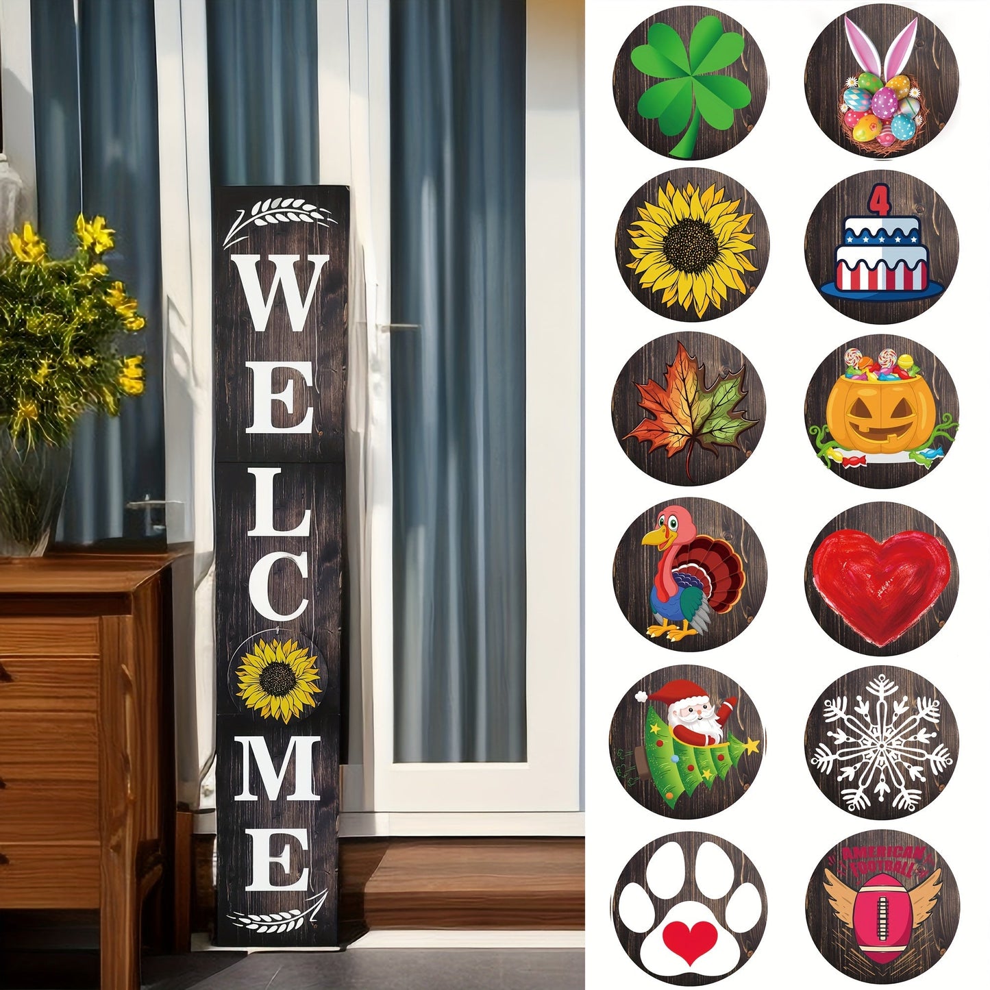 Seasonal Welcome Porch Sign with 12 Interchangeable Icons, 47-Inch Leaner Board in Six Color Options