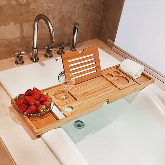 Bamboo Bath Caddy Tray with Adjustable Reading Rack - Expandable Bathtub Tray, Water-Resistant, Space-Saving Bathtub Organizer for Books, Tablets & Bath Essentials