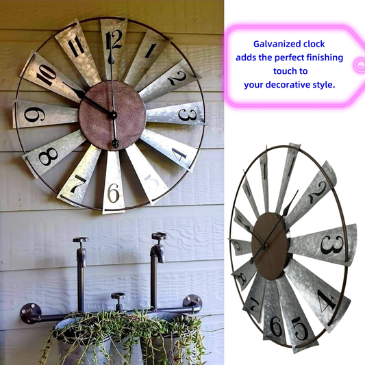 24 Inch Farmhouse Wall Clock Large Vintage Metal Windmill Blade Galvanized Analog Clock Battery Operated Silent for Living Room Kitchen Bedroom Porch