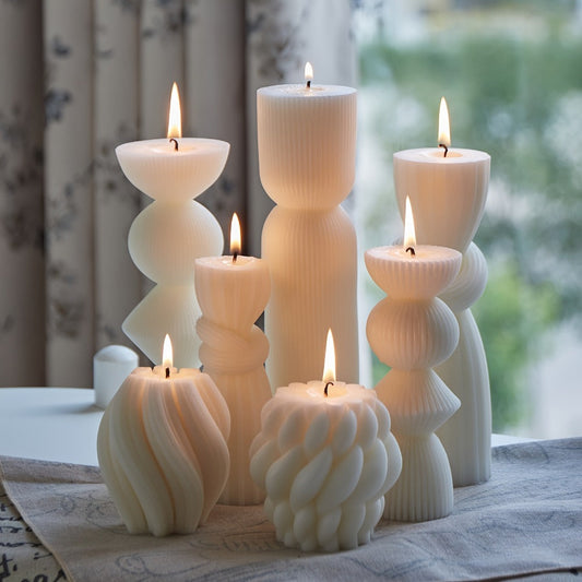 Ribbed Pillar Candles 7-Pack Large Soy Wax, Handmade Aesthetic Pillar Candle Set for Home Decor, Wedding Centerpiece, Shelf Decor, Dining Table & Housewarming Gift – White, Black, Blue, Orange with Glitter