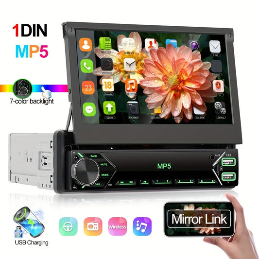 Single DIN Car Stereo - 7" HD Retractable Touchscreen, MP5 Player, Mirror Link, Bluetooth Hands-Free, FM Radio, USB & AUX, Colorful Backlight, 45W x4 Output