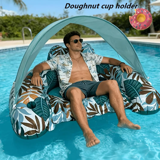 Inflatable Pool Lounger with Canopy for Adults – Tropical Leaf Floating Chair with Cup Holder & Sun Shade, Summer Pool Beach Lake Water Toy, Birthday Gift for Women Men (Green & Blue)