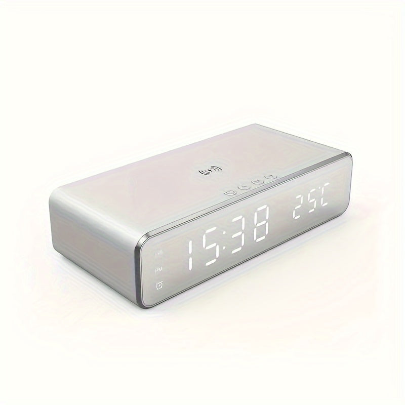 Wireless Charging Alarm Clock with Black or Silver-Tone Housing, Digital Time Display and Top Charging Surface