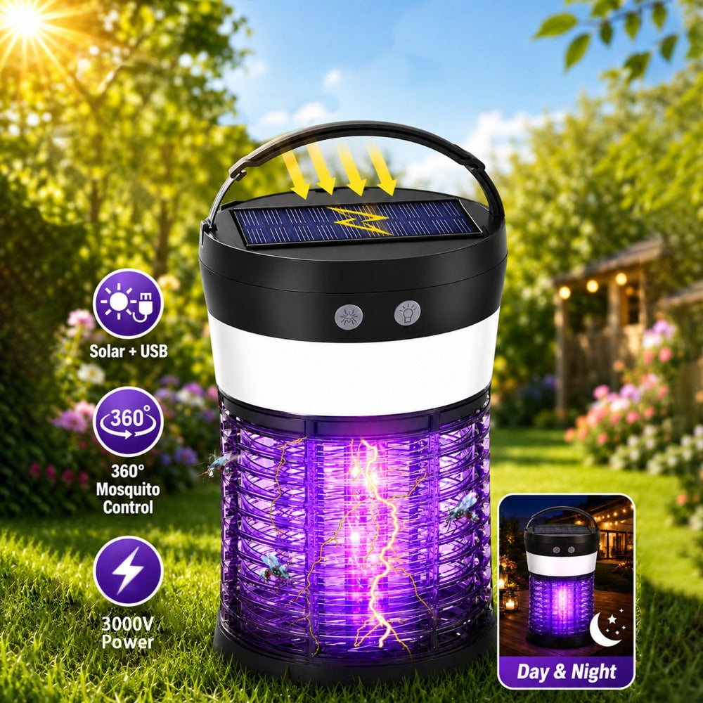 Solar and USB-C Insect Zapper Lantern with 3000V Grid, Dual UV Labels and Three Lighting Modes