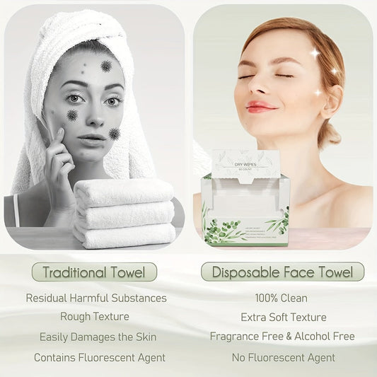 Disposable Face Towels 60 Count Extra Thick & Soft — 10x12 Inch Cotton Cleansing Wipes for Sensitive Skin, Makeup Removal, Daily Face Wash & Travel | 1, 2 or 4 Box Packs