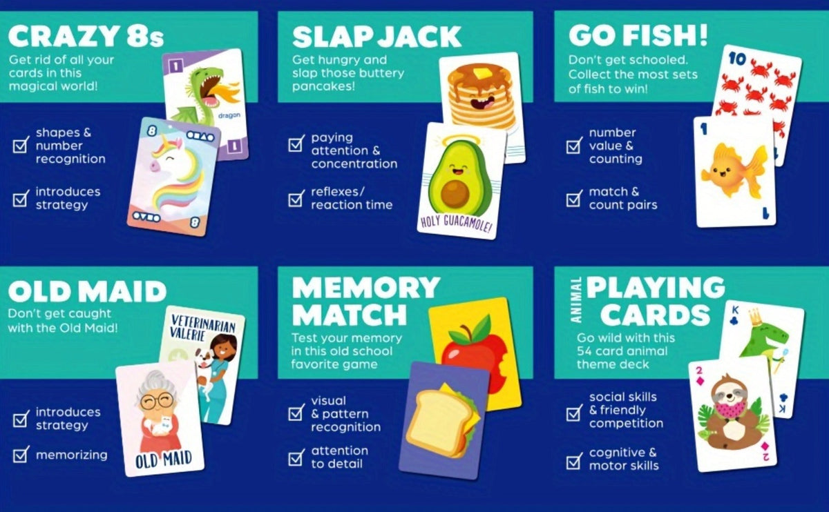 Kids Card Games 6 in 1 Set with 6 Decks Go Fish Old Maid Crazy Eights Memory with the Listed Color, Size or Set Options for Everyday Use